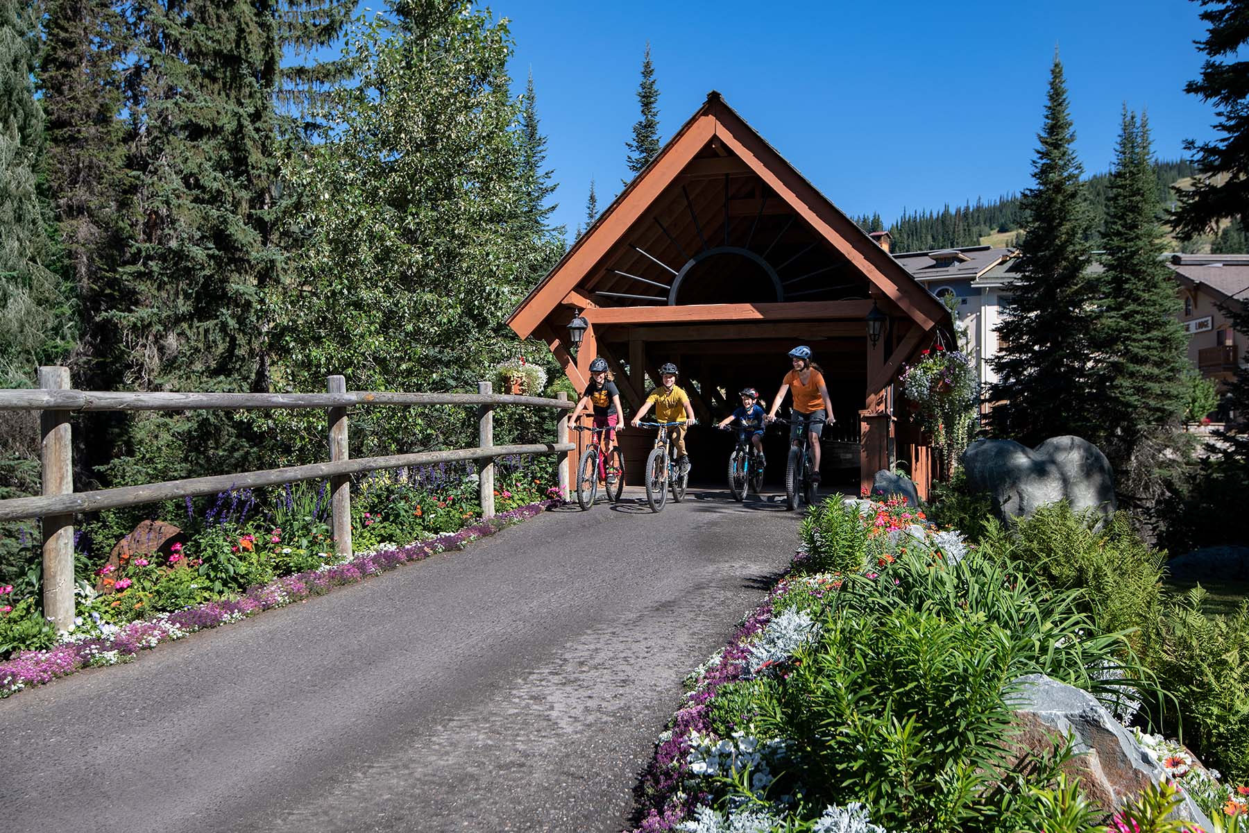 Family riding bikes across covered bridge in sun peaks