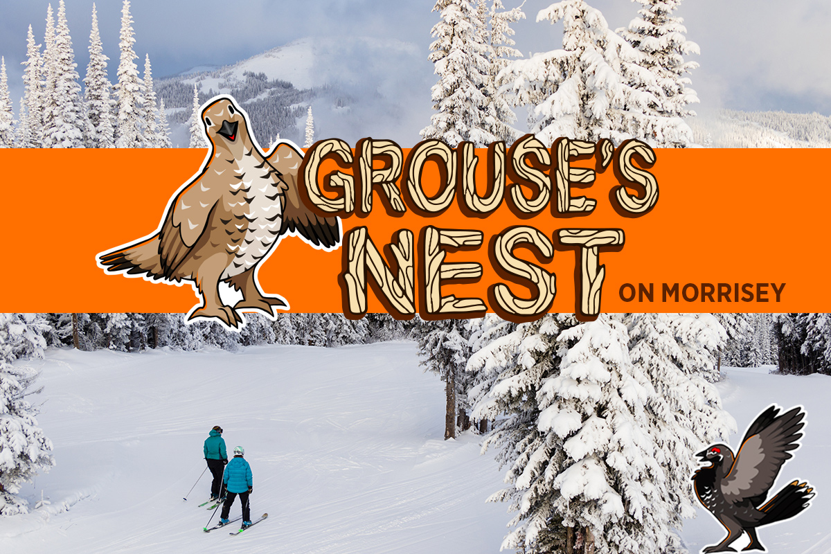 Two people skiing and two grouse graphics