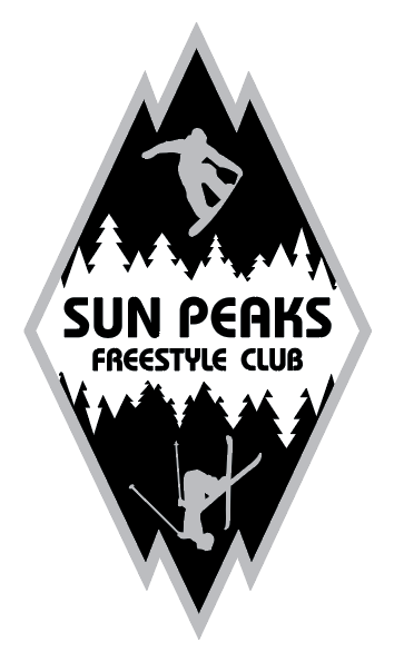 SUN PEAKS FREESTYLE CLUB LOGO SNOWBOARDER AND SKIER DOING TRICKS