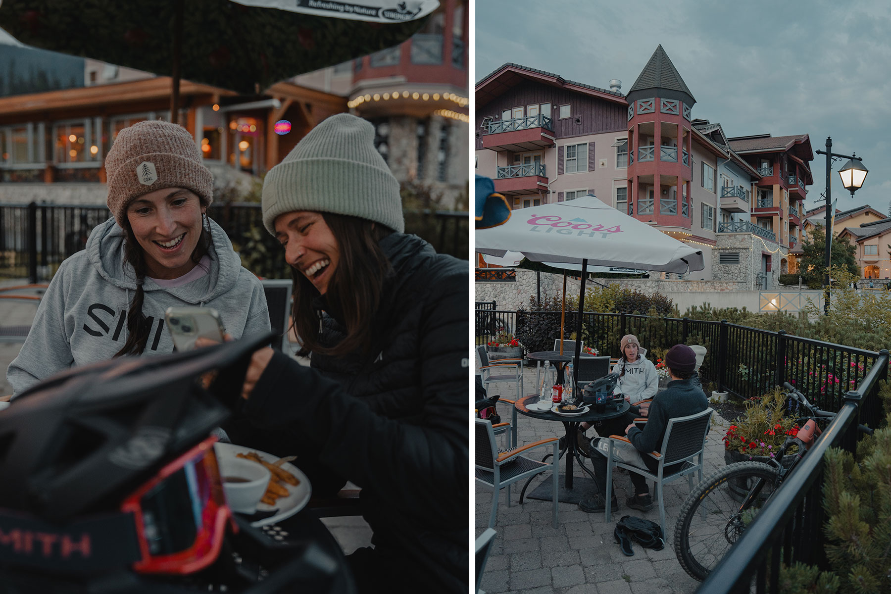 Two side-by-side photos of three mountain bikers sitting on an outdoor patio at dusk.