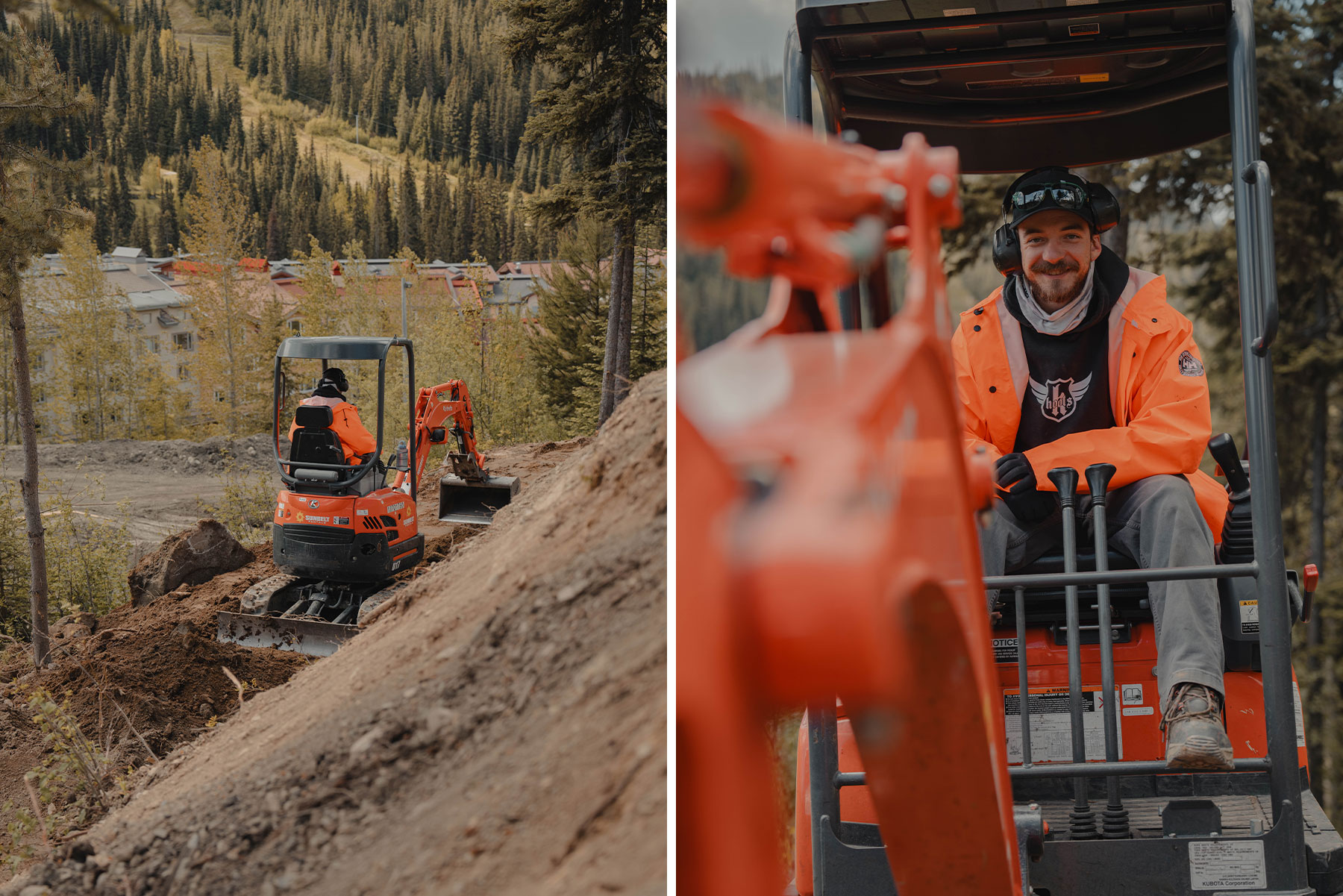Two side-by-side images of a trail builder using an orange excavator to build a bike trail.