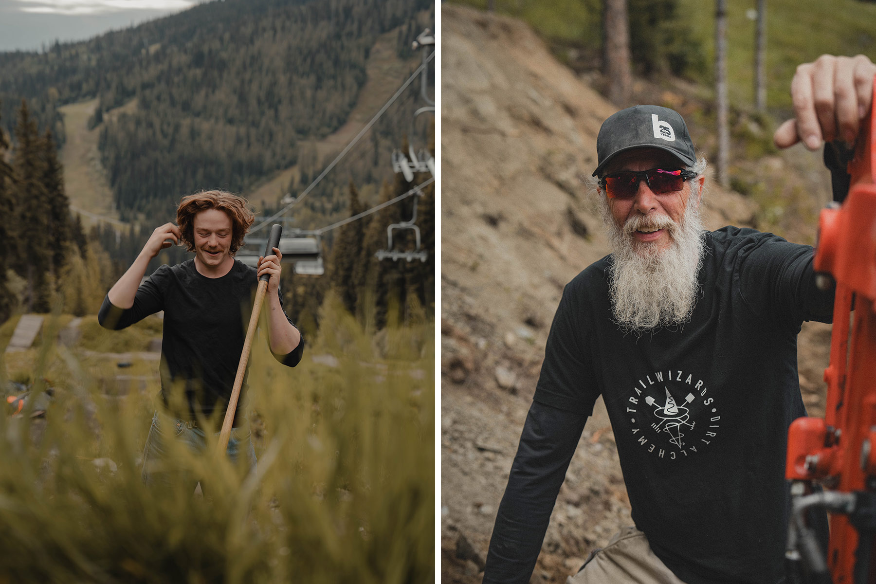 Two side-by-side photos of trail builders smiling.