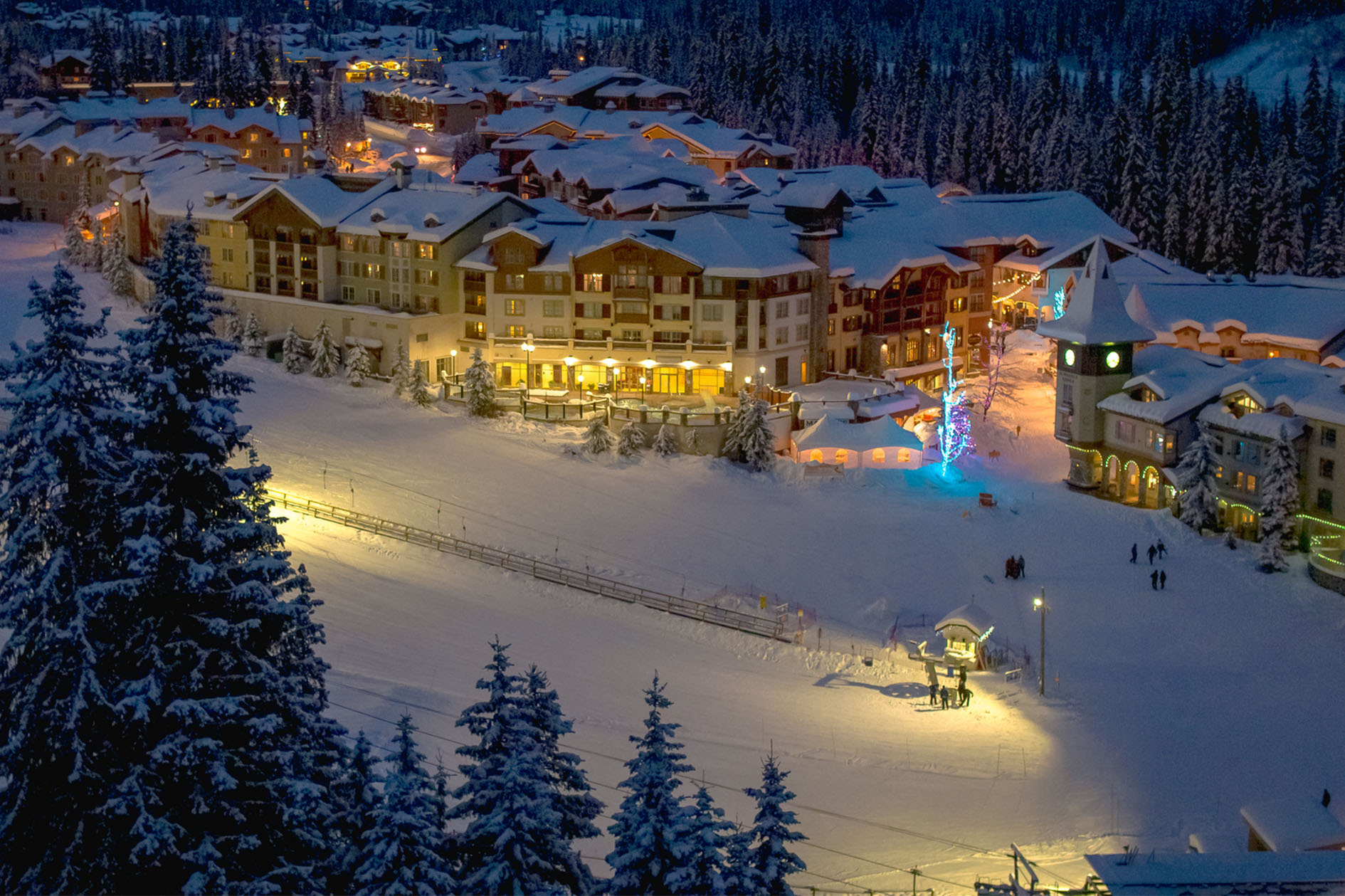 Sun Peaks village base at night in winter.